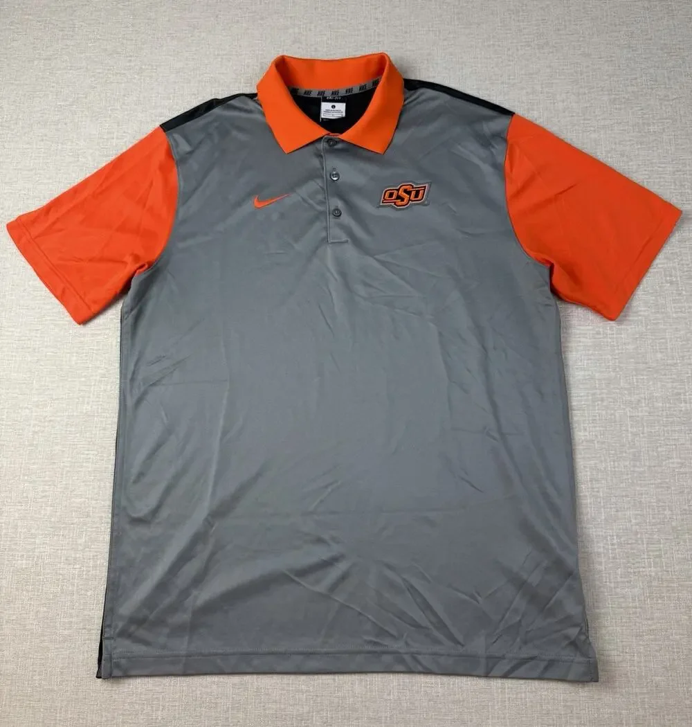 Nike Dri-FIT OSU Oklahoma State Cowboys Polo Shirt Gray Orange Men’s Large